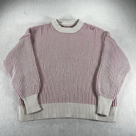 Aerie Pink Ribbed Knit Crewneck Sweater S Oversized Cozy Cotton Blend - Picture 3 of 7
